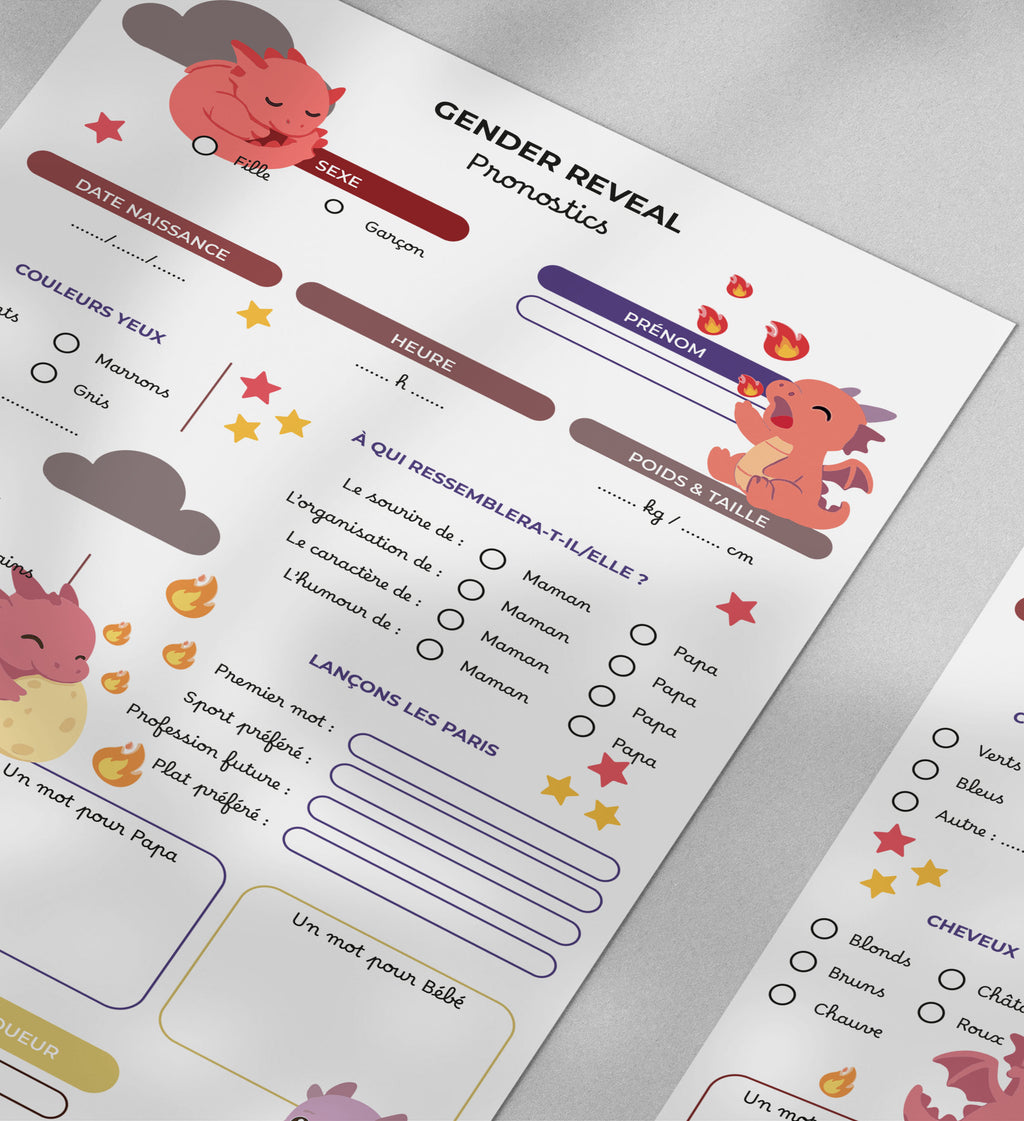 Gender Reveal Dragon - 10 fiches A5