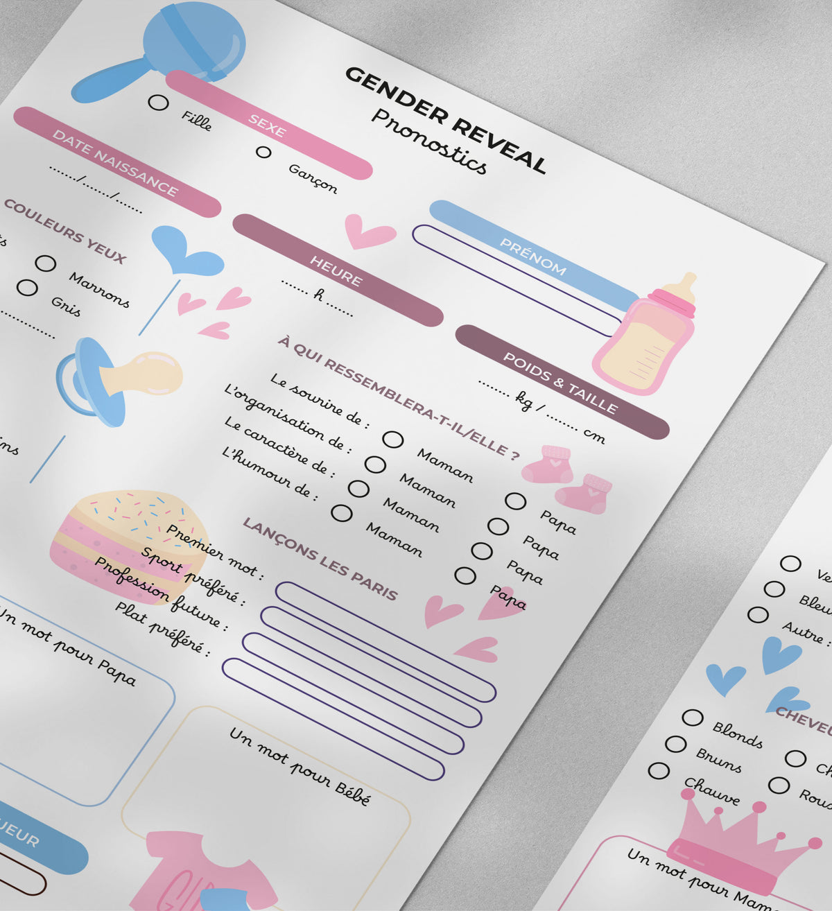 Gender Reveal Rose et Bleu - 10 fiches A5
