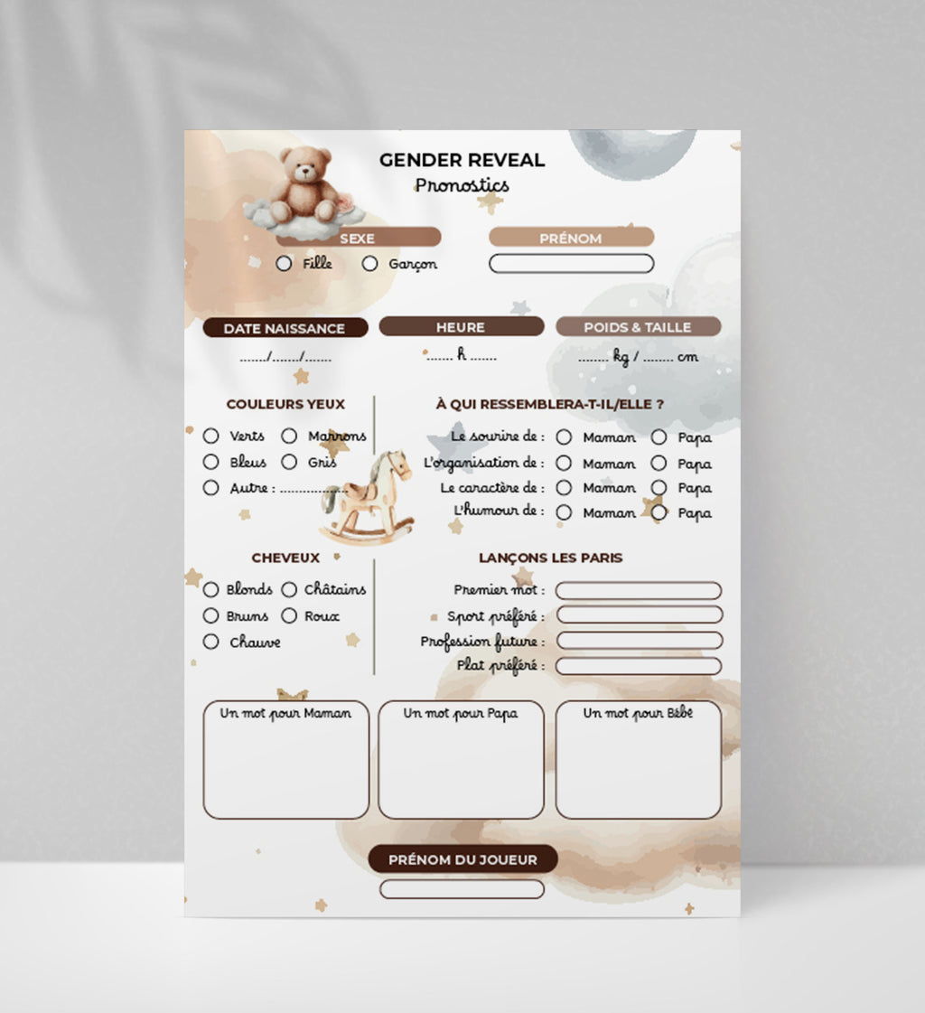 Gender Reveal Ourson - 10 fiches A5