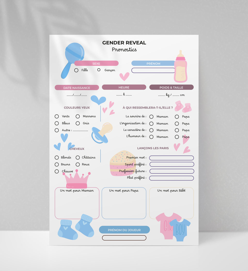 Gender Reveal Rose et Bleu - 10 fiches A5